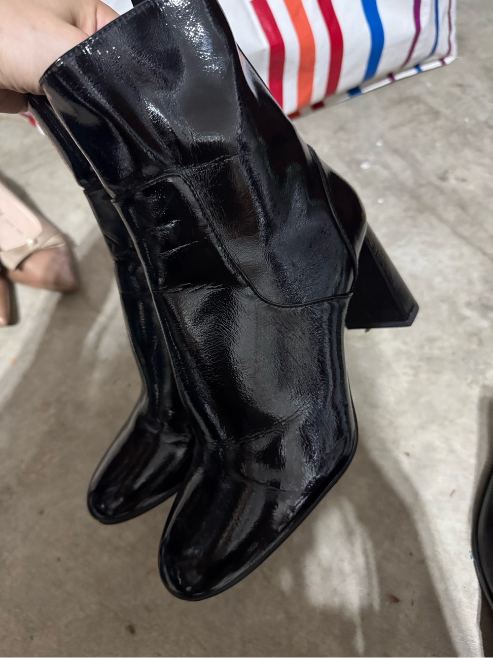 Zara Black Patent Leather Block Heel Ankle Boots Size 37